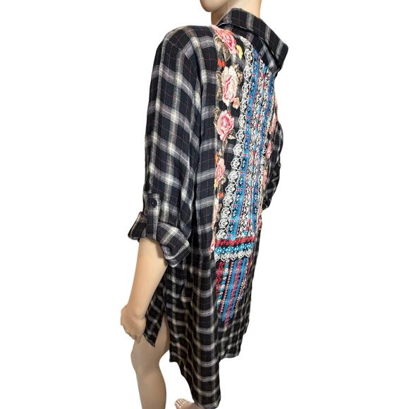 Andree by Unit Boho Embroidered Plaid Tunic Blouse 1X Roll Tab Sleeve Western - Picture 7 of 16